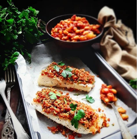 Kabeljauw uit de oven met een korstje van chorizo en broodkruim