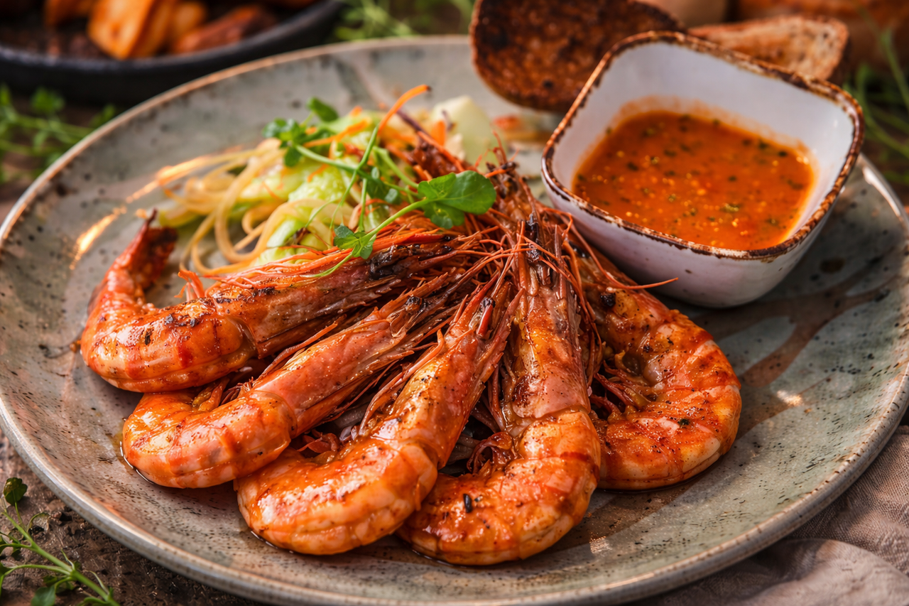 Gamba’s gebakken met kruidige saus