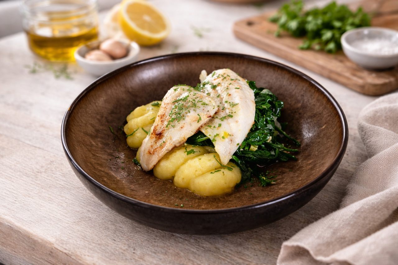 Gebakken Tarbot met Salie Spinazie en Mollige Puree
