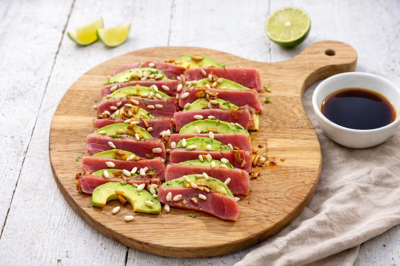 Gegrilde tonijn met avocado & soja-limoendressing