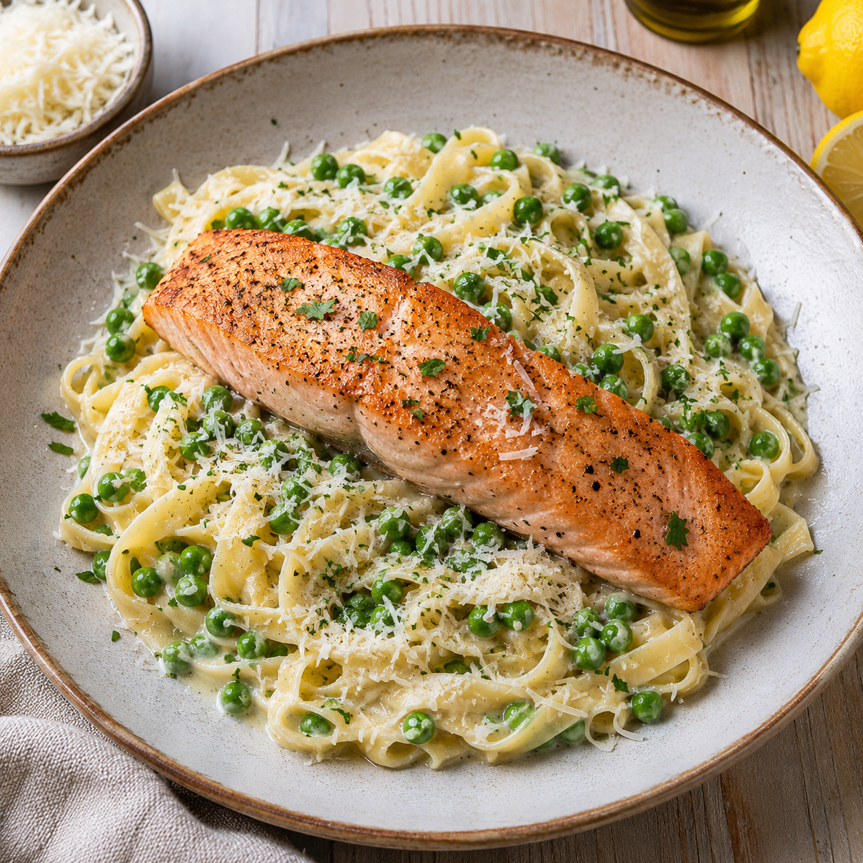 Zalmfilet met Tagliatelle, Room & Erwtjes