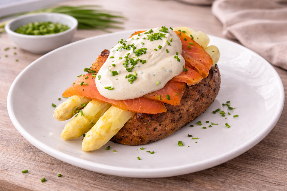 Gerookte Zalm met Loaded Potato en Witte Asperges