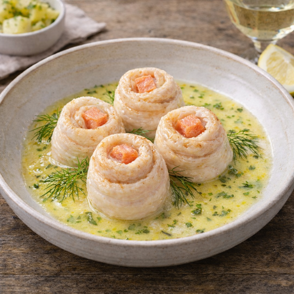 Gestoomde Tong Zalmrolletjes met Citroen Boter Saus