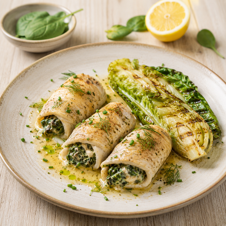 Gevulde Noordzeetong Rolletjes met Gegrilde Little Gem