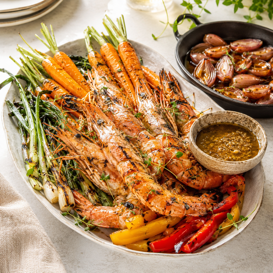 Jumbo Gamba's van de Plancha met Bagna Cauda en Gekarameliseerde Sjalotten