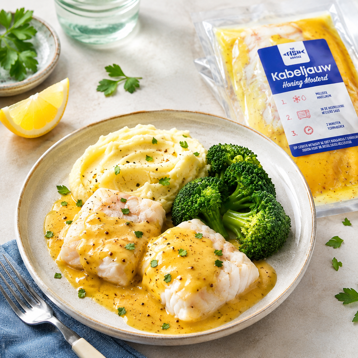 Kabeljauw Honing Mosterd met Broccoli en Romige Puree