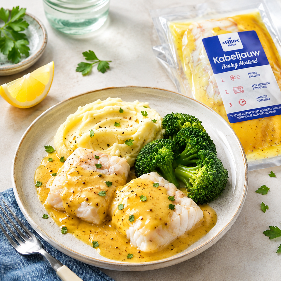 Kabeljauw Honing Mosterd met Broccoli en Romige Puree