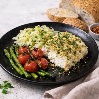 Kabeljauwhaas met Panko korst, Asperges & Mini Pomodori