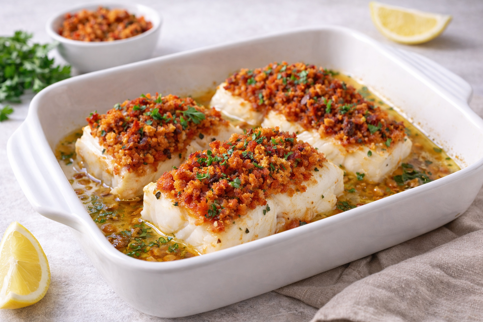 Kabeljauw met een korstje van chorizo en broodkruim