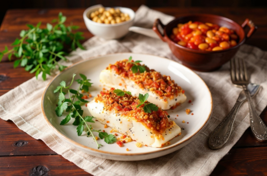 Kabeljauw uit de oven met een korstje van chorizo en broodkruim