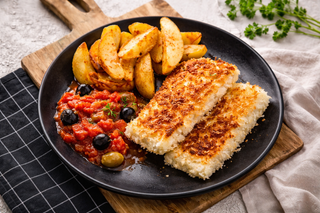 Koolvisfilet gebakken met tomaten-olijfsaus