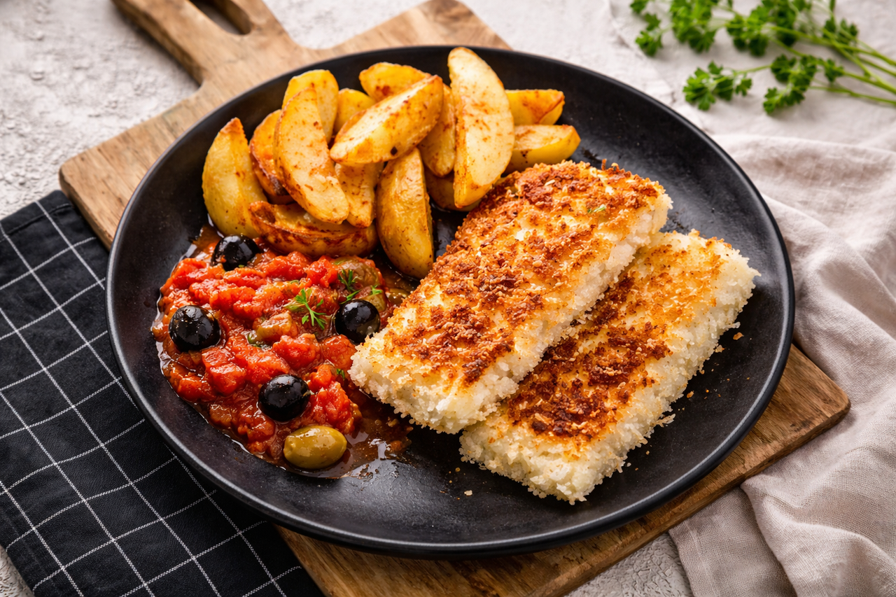 Koolvisfilet gebakken met tomaten-olijfsaus
