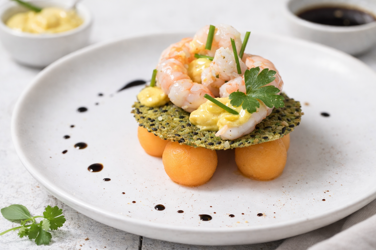 Langoustines met Meloen, Kerriemayonaise & Kletskop