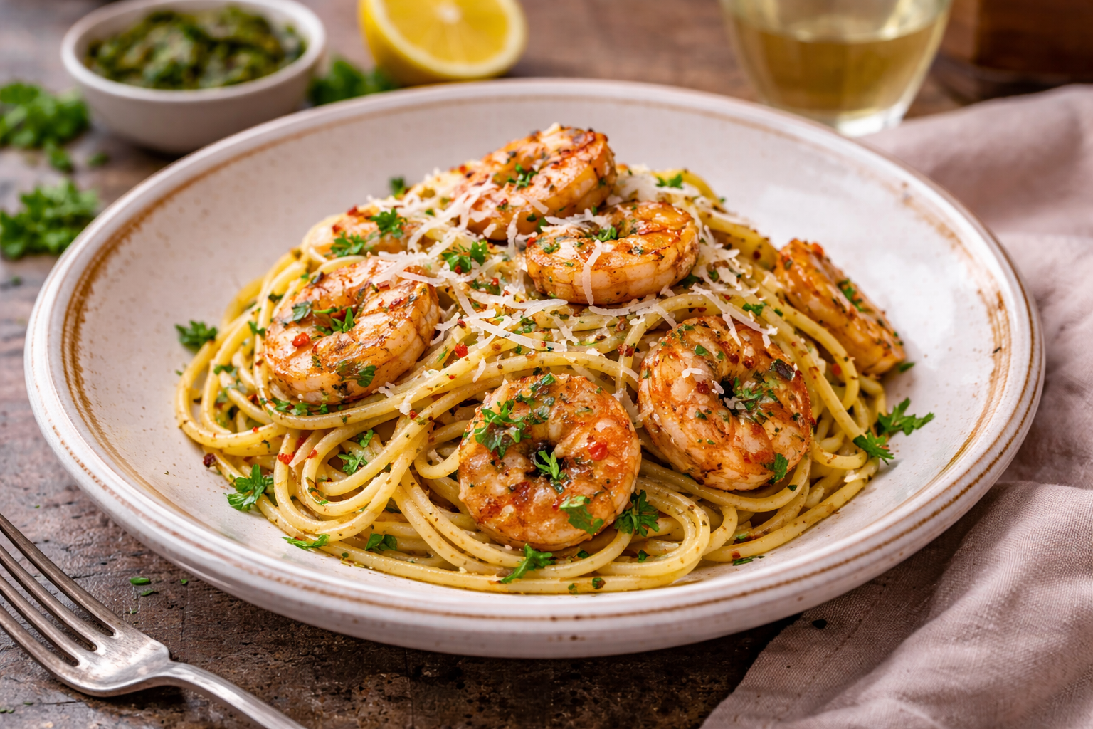 Pasta met gemarineerde scampi, chimichurri & Parmezaan