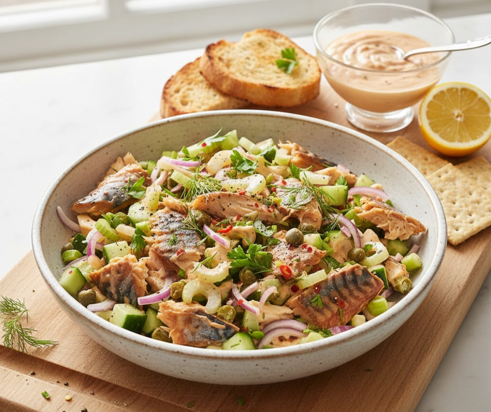 Pittige makreelsalade met frisse groenten