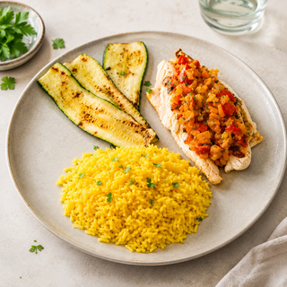 Rode Poon met Gepofte Paprikasalsa en Gegrilde Courgette BBQ