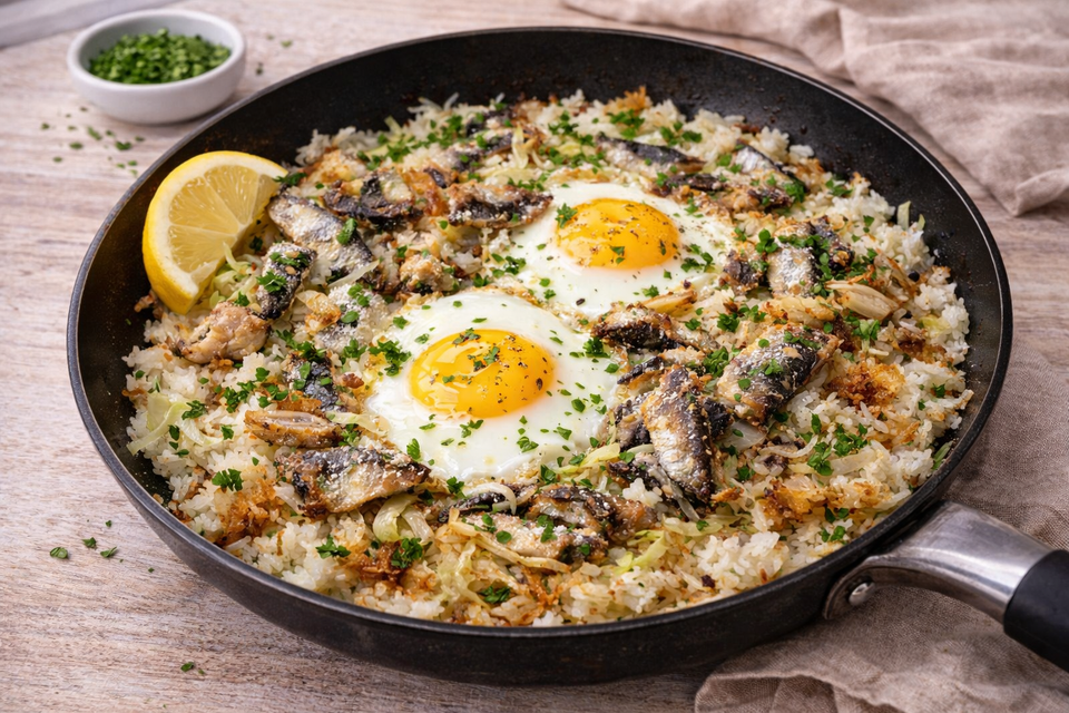 Sardine Crispy Rice met Gebakken Eieren en Kool