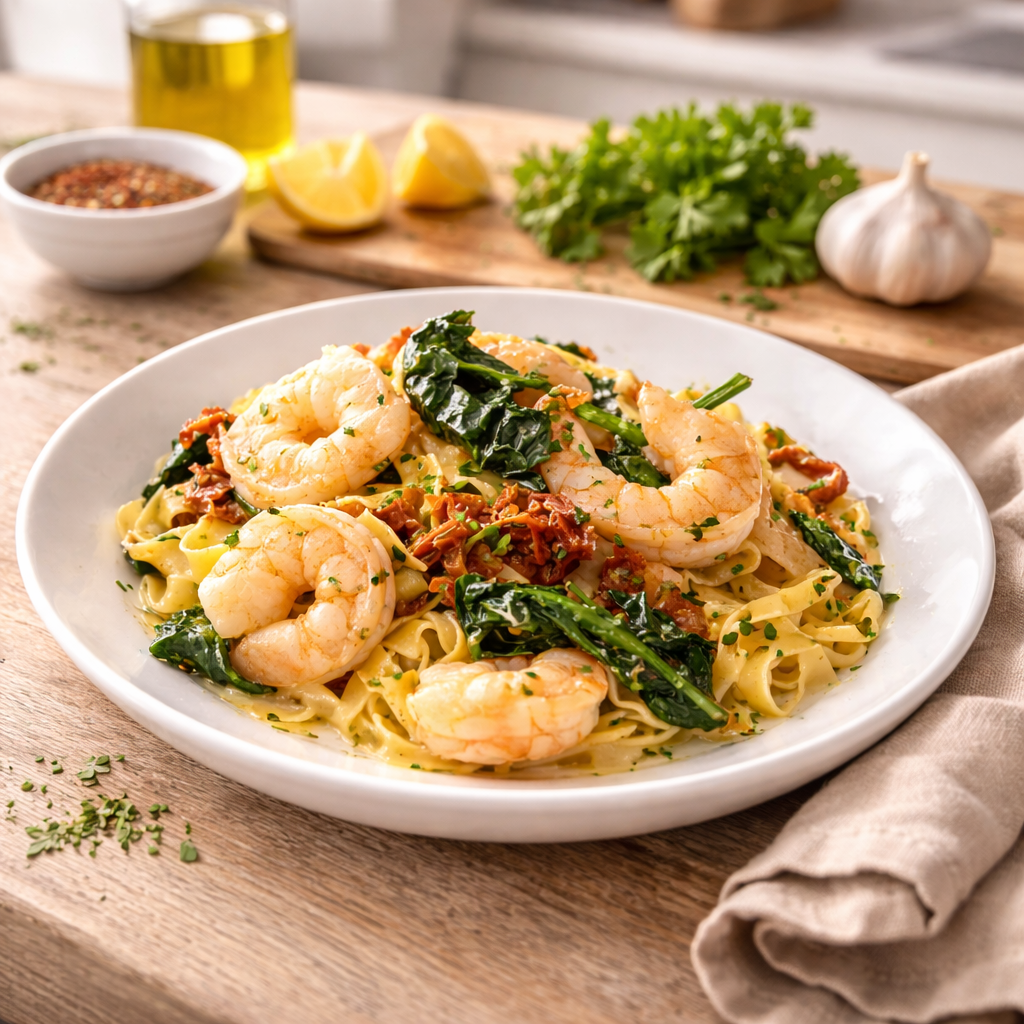 Tagliatelle met Scampi, Spinazie & Zongedroogde Tomaten