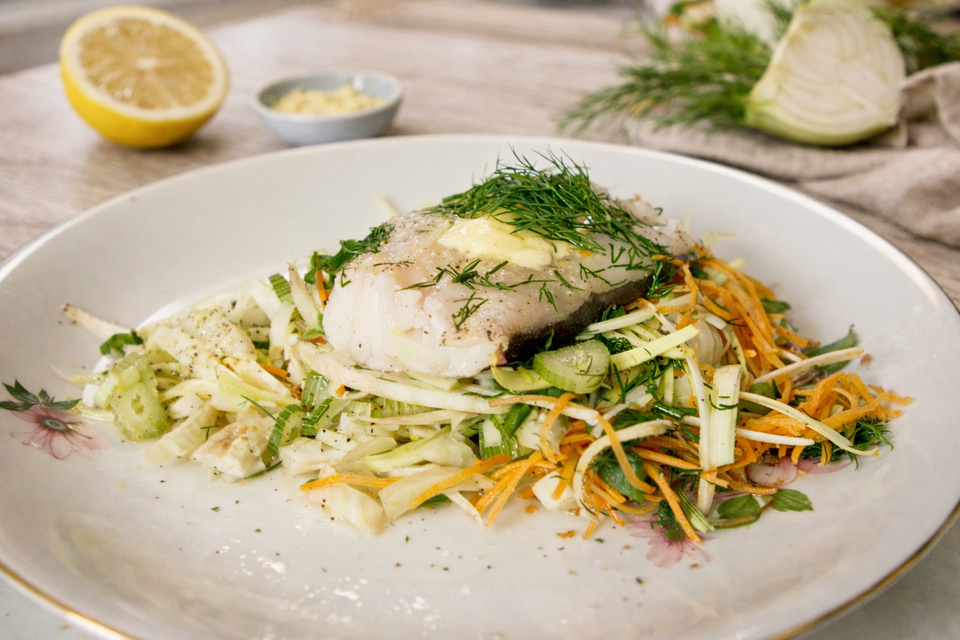 Witvis in Papillot met Wortel en Prei