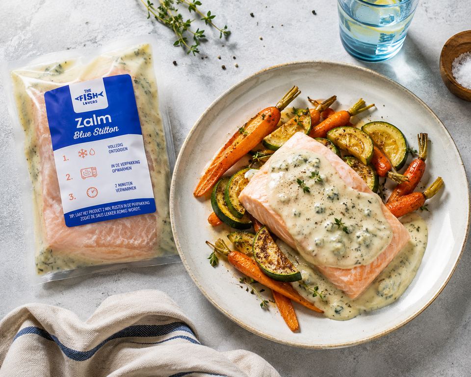 Zalm Blue Stilton met Geroosterde Groenten