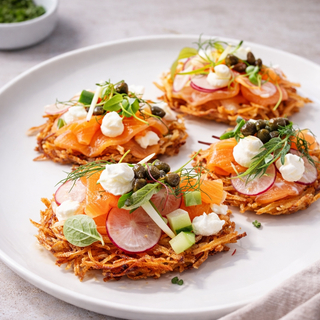 Zalm op Knapperige Rösti met Mascarpone & Groenten