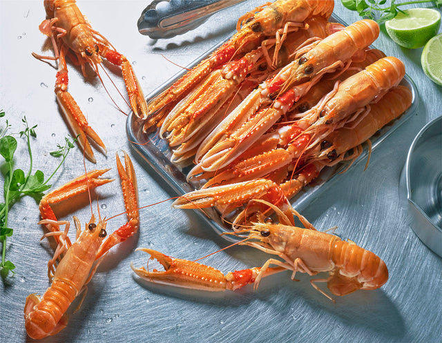 Hele langoustines gepresenteerd op een zilveren schaal met limoenpartjes en verse kruiden – The Fish Lovers.